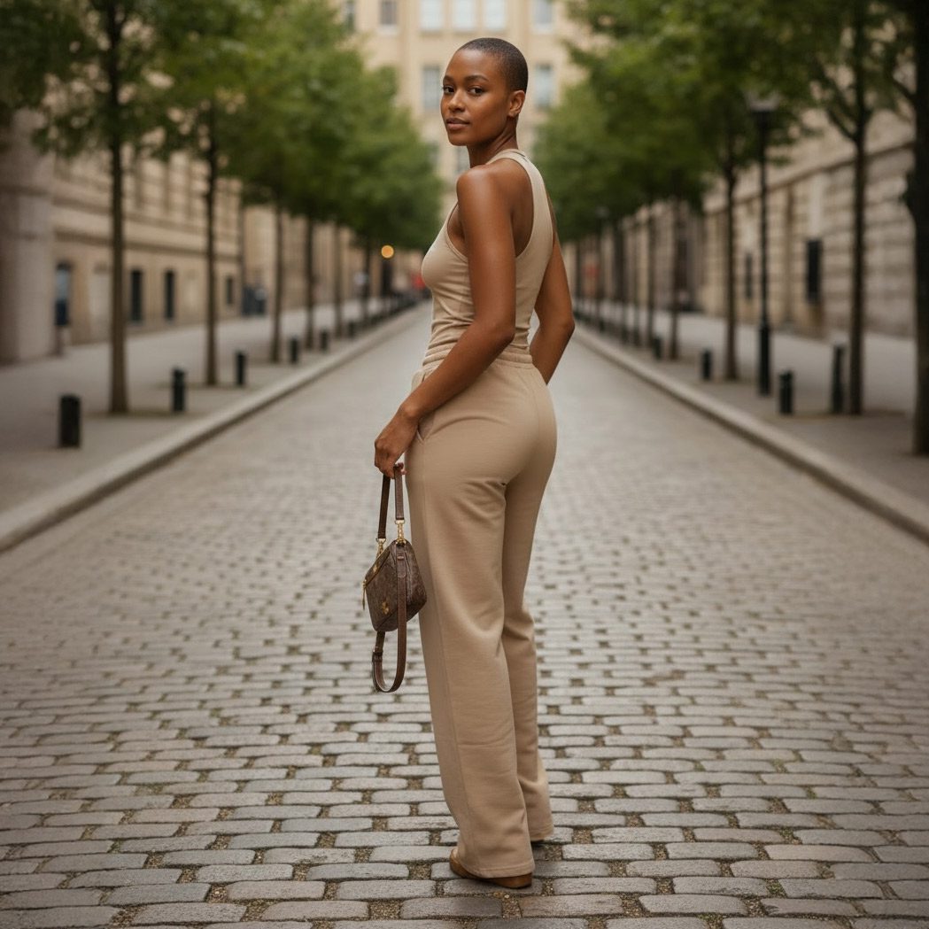 Woman in a beige sleeveless jumpsuit stands on a cobblestone city street, holding a small brown handbag and looking over her shoulder.