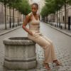 Woman in beige athletic outfit sits barefoot on a stone planter in a cobblestone street.