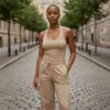 Athletic woman standing on a cobblestone street in beige workout set, hands in pockets, looking at the camera.