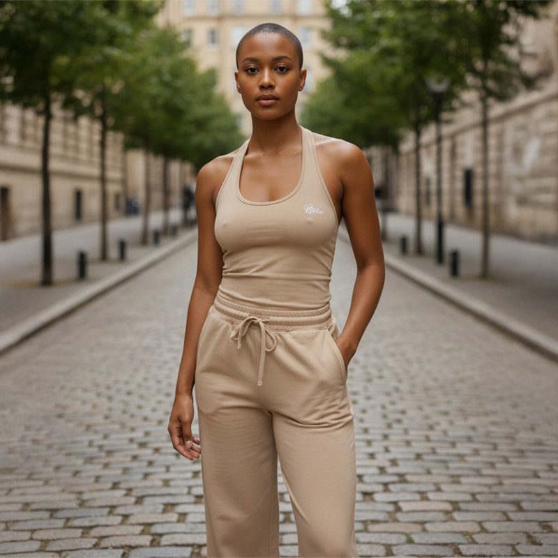 Athletic woman standing on a cobblestone street in beige workout set, hands in pockets, looking at the camera.